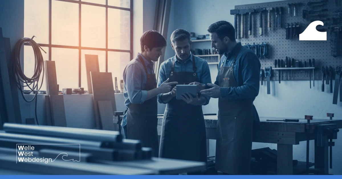 Trades business: owner and two employees talking in the workshop