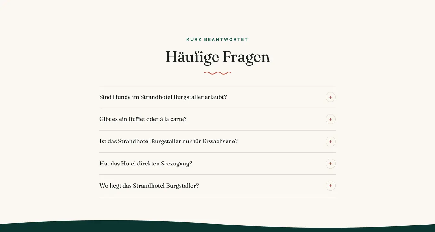 The frequently asked questions section, with the first question: are dogs allowed at the Strandhotel Burgstaller?