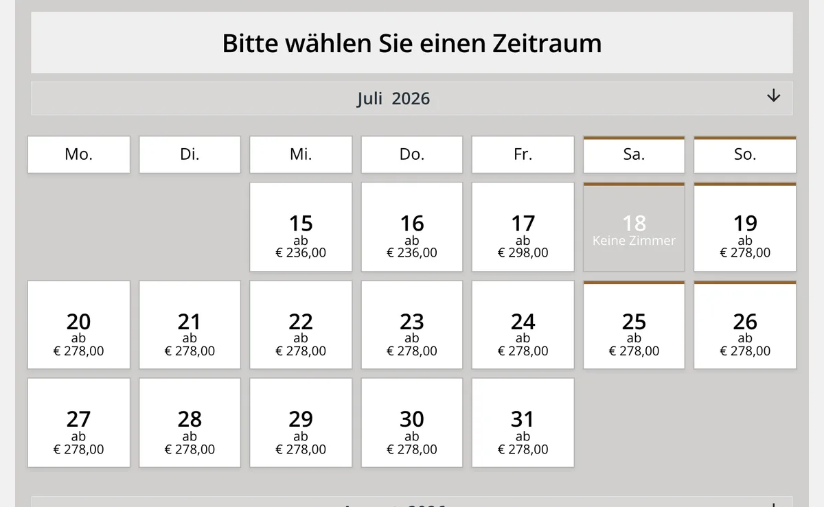 Die eingebundene Buchungsmaschine: Verfügbarkeits-Kalender mit echten Preisen pro Nacht