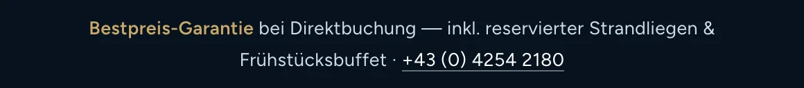 Die Bestpreis-Leiste am oberen Rand jeder Seite: Bestpreis-Garantie bei Direktbuchung inkl. reservierter Strandliegen und Frühstücksbuffet