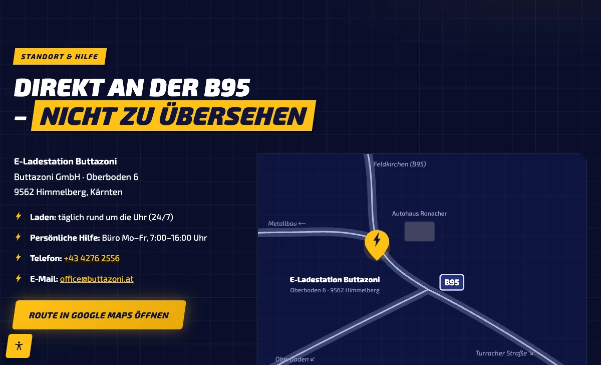 Location section with custom-built map graphic of the B95 and contact details