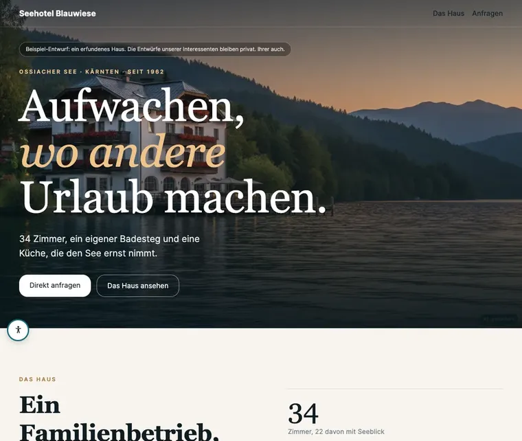 Entwurf einer Hotel-Startseite: großes Bild vom Haus, darunter Zimmer und ein Anfrageformular