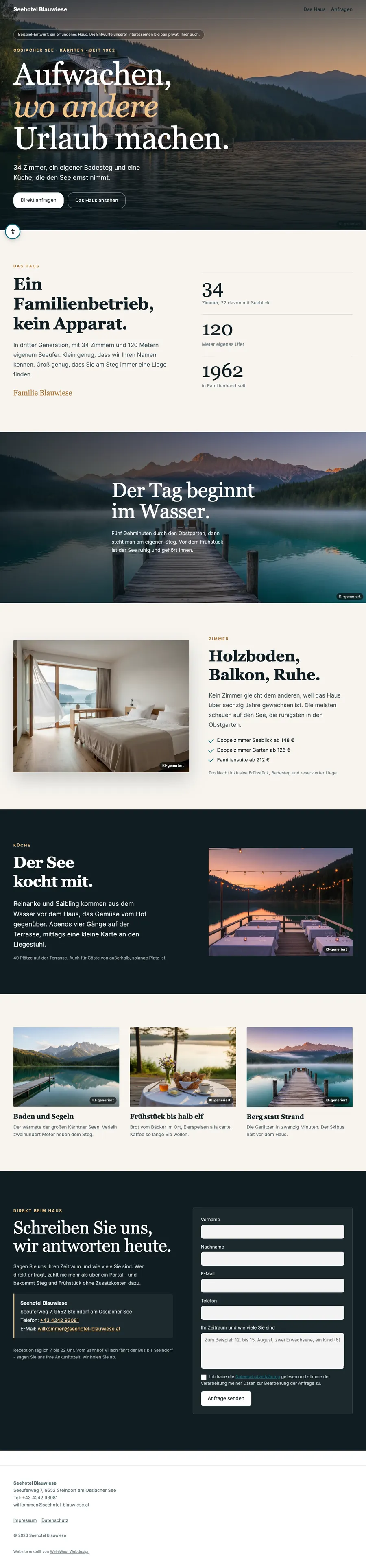 Kompletter Entwurf der Startseite für ein Hotel - vom Hero über Zimmer und Küche bis zum Anfrageformular