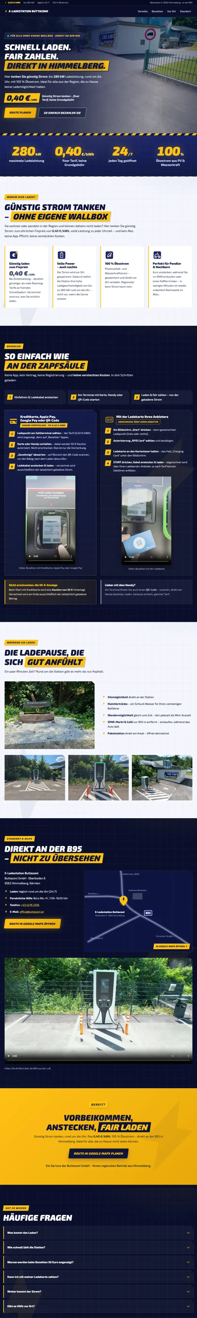 Die komplette Startseite der E-Ladestation Himmelberg - vom Hero über Tarif, Bezahlwege und Anfahrt bis zu den häufigen Fragen