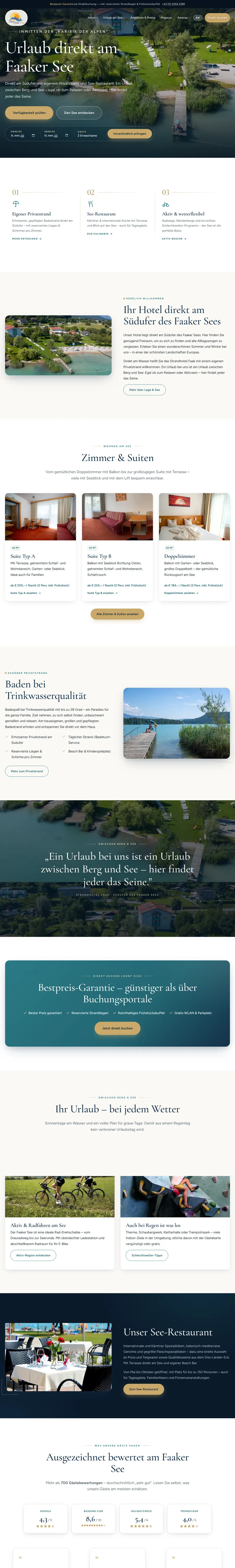 Die komplette Startseite des Strandhotel Faak - vom Hero über Zimmer, Strand und Küche bis zur Anfrage